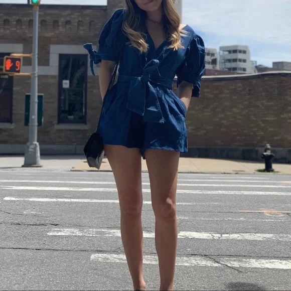 C/MEO Collective Kind to you Romper Puff Sleeve Cross Back Romper in Indigo - Picture 6 of 14